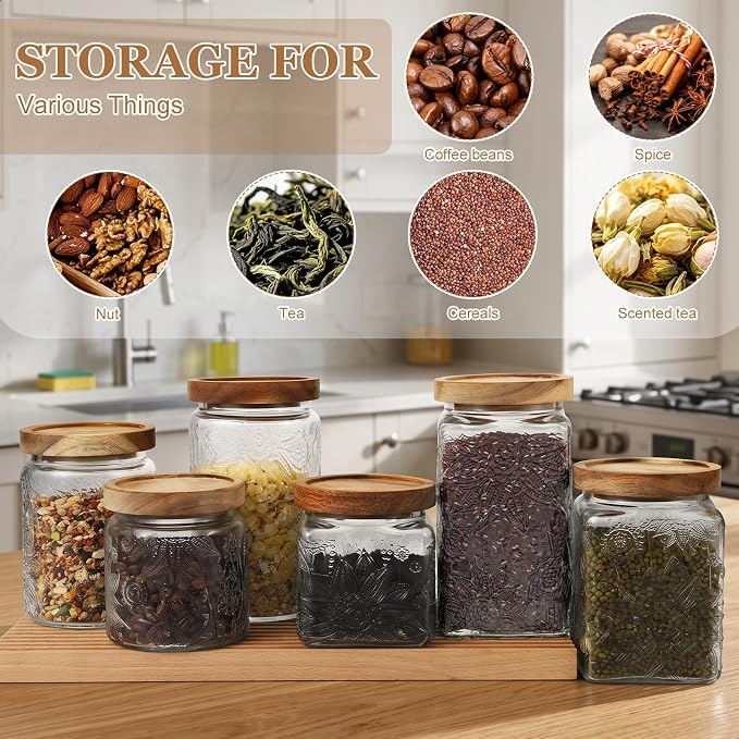 6 Pcs Vintage Glass Jars with Lids, Airtight Snack Coffee Food Storage Set | 17/24/34 oz, Sunflower Glass Decorative Container Set, Kitchen Counter Pantry Use, BPA-Free