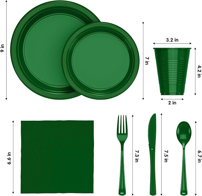 350 Pcs Emerald Green Plastic Plates For Party, Emerald Green Disposable Plates Set, 50 Of Each 9" Dinner Plate Set, 7" Dessert Plate, Cups, Napkins & Cutlery Plastic Dinnerware Set Exquisite