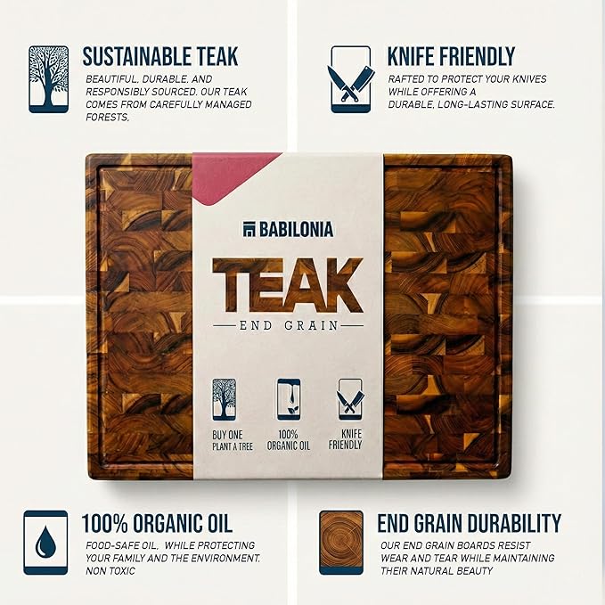 Teak Wood Cutting Board for Kitchen, End Grain Extra Thick Butcher Block | 16 x 10 Inch (ExtraThick 1.7") Professional Heavy Duty Hardwood Non Toxic Wooden Chopping Board (Oil & Plate Included)