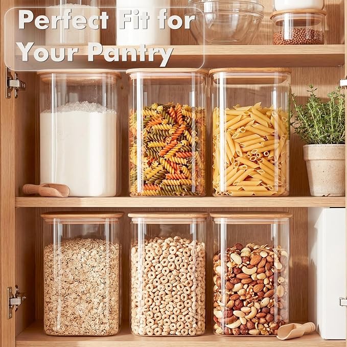 4.6Qt Large Glass Flour Sugar Storage Containers with Bamboo Lids | Wide Mouth Design, With Measuring Cup, Minimalist Kitchen Organizer,Scandinavian Style Storage,Nordic Style Storage