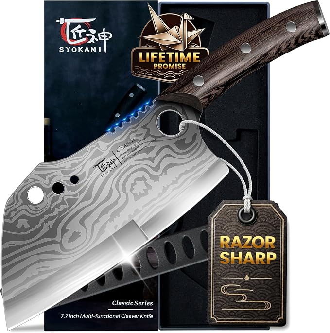 Meat Cleaver Chef Knife with Sheath, 7.7 Inch Butcher Knife | Chopping Knife with Herb Stripper, Heavy Duty Bone Cutting, Damascus Pattern Full Tang Wood Handle, Birthday Gift for Men