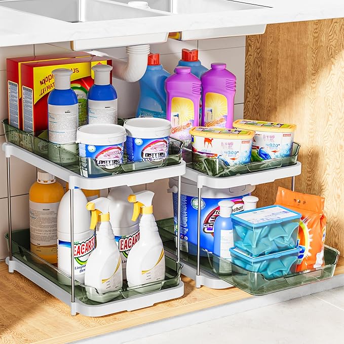Delamu 2-Tier Multi-Purpose Bathroom Under Sink Organizers and Storage, Stackable Kitchen Pantry Organization, Pull Out Medicine Cabinet Organizer with Movable Dividers, Light Green, 2 Pack