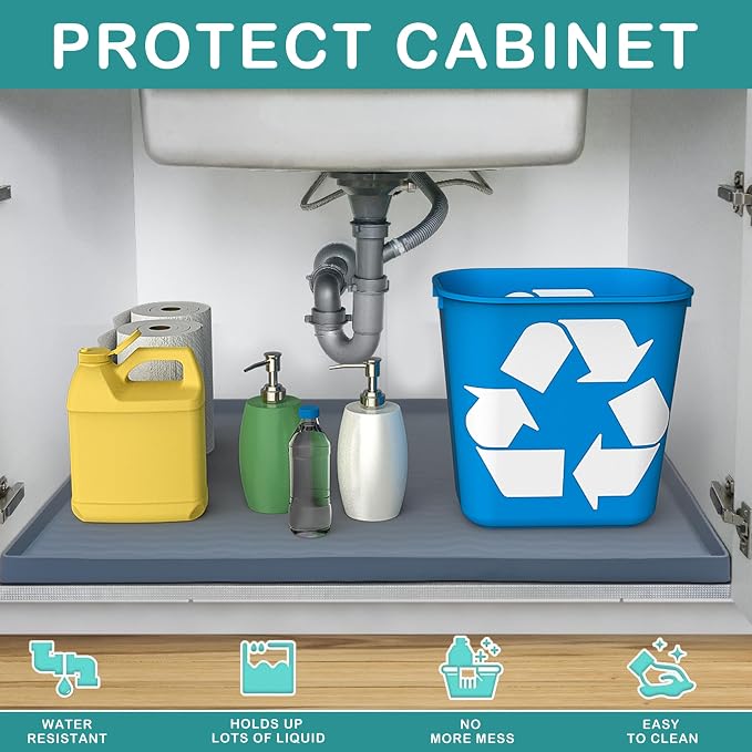 URMONA Waterproof Silicone Under Sink Mat 31'' x 19'' Shelf Liner for Kitchen and Bathroom, Cabinet and Counter Protector, Storage and Organizers, Litter Mat, Pet Cat Puppy Essentials(Beige)