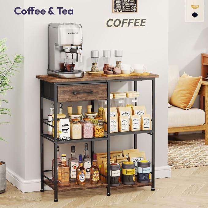 SWTYMIKI Bakers Rack with Storage - Coffee Bar Cabinet Organizer, Coffee Station for Kitchen Dining Room, Microwave Stand with Adjustable Feet, Espresso