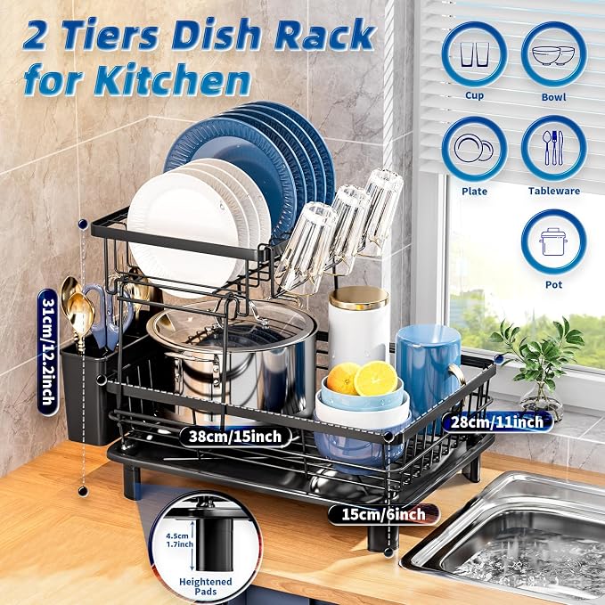 Dish Drying Rack, Stainless Steel-Dish Rack, Double Layer, | Dish Racks for Kitchen Counter, Kitchen Dish Drainers with Removable Utensil Holder,New Drain Outlet, (Black 3)