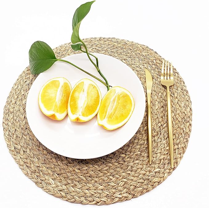 Woven Placemats for Dining Table Set of 4, 100% Natural Straw, Rustic Round Placemats Farmhouse Table Mats Rattan Wicker Placemats Hand Braided Place Mats for Indoor Outdoor, 14.17“