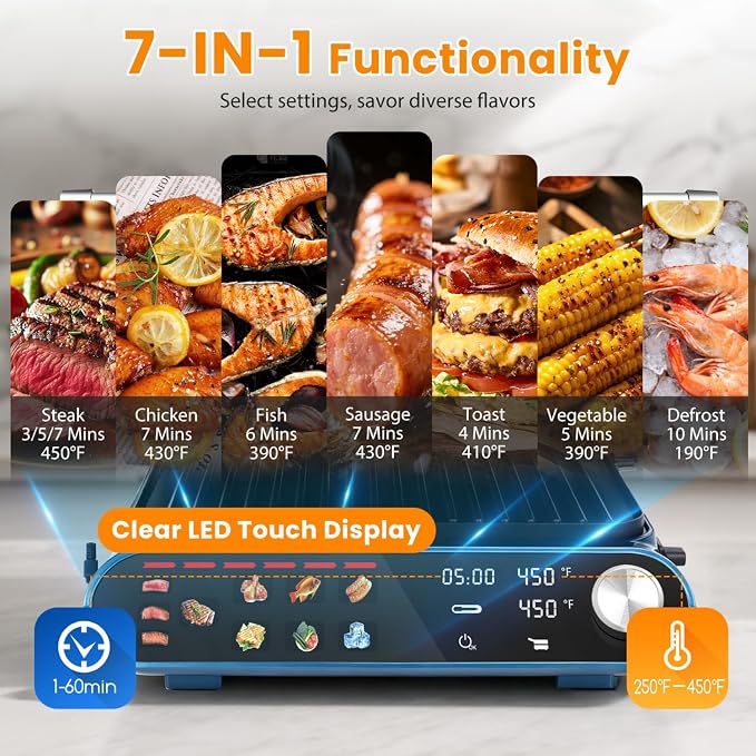 Taylor Swoden 7-in-1 Panini Press Sandwich Maker, Electric Indoor Grill | 1500W, LED Touch Panel, Removable Non-Stick Plates & Drip Tray, Independent Temperature Control, 7 Modes, Opens 180 Degrees