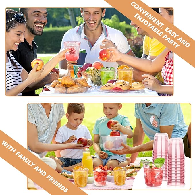 KesaPlan 100Pcs 12oz Pink Plastic Party Cups, Disposable Wine Cocktail Cups | Cute Clear Stemless Glass, Round Bottom PET Cold Drink Cups for Valentine's Galentine's Day Wedding Christmas Bridal Shower