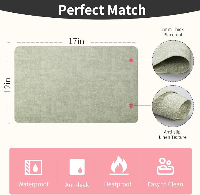 Maxpearl Faux Leather Placemats Set of 4, Easy to Clean, Light Green | Waterproof - Heat Resistant - Non Slip - Wipe Clean Dining Table Place Mats, Suitable for Indoor & Outdoor Use, 17''×12''