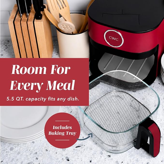 COOK WITH COLOR 1400W 5.5Qt Digital Kitchen Air Fryer with Glass Basket, 8 Presets Healthy Cooking Options, Bake, Fry, Reheat, 60-Min Timer, Adjustable Temperature Control 175°F–400°F, Red