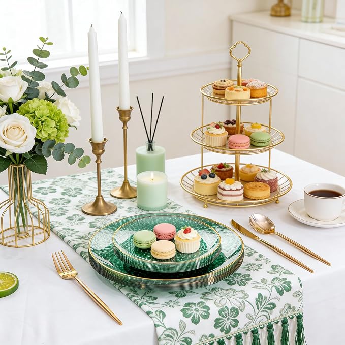 Rubtlamp 175 Pcs Green Plastic Plates Dinnerware Set (25 Guests), Hammered Plates Sets, Green Plastic Party Plates Set include 50 Disposable Plates Set, 75 Gold Plastic Silverware, 25 Cups 25 Napkins