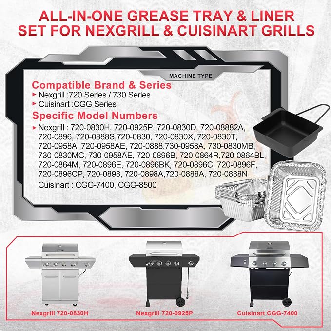 Grill Drip Pan for Nexgrill 720-0830H 720-0925P, Cuisinart CGG-7400 Grill | Grill drip tray fits Nexgrill 720-0830D 720-08882A 720-0896 720-0888S parts, Cuisinart CGG-8500, 15pack foil liner, heatproof