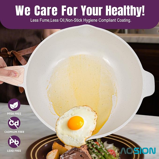 AOSION 12 Inch Nonstick Ceramic Deep Frying Pan, Large Ceramic Skillet. | Lid & Steam Rack, 5.5QT Sauté Pan, Stay Cool Handle, Induction Compatible, PFOA & PFAS Free