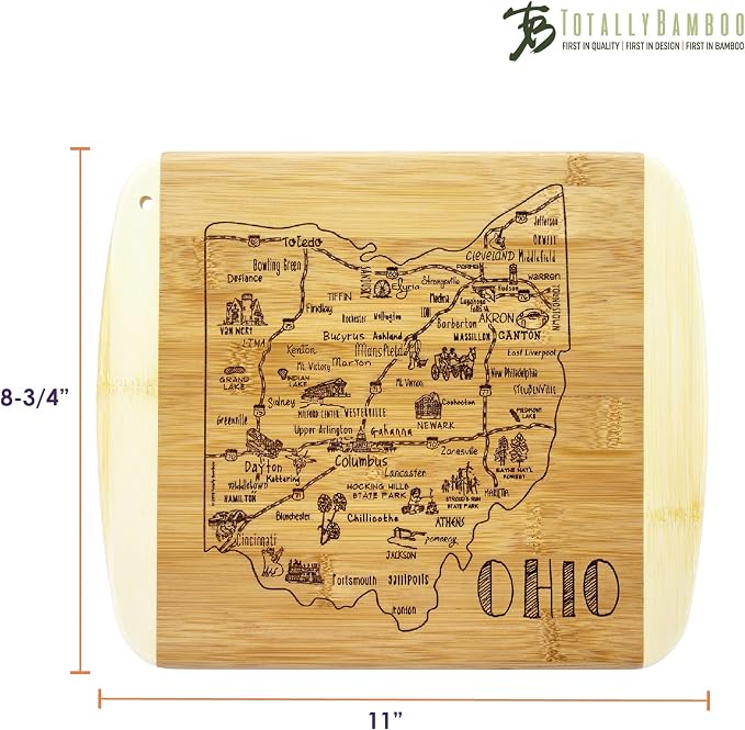 Totally Bamboo A Slice of Life Ohio Engraved Map Cutting Board | 11” x 8.75” charcuterie board with engraved state map artwork. Smooth reverse side for food prep. Hang tie for wall display.