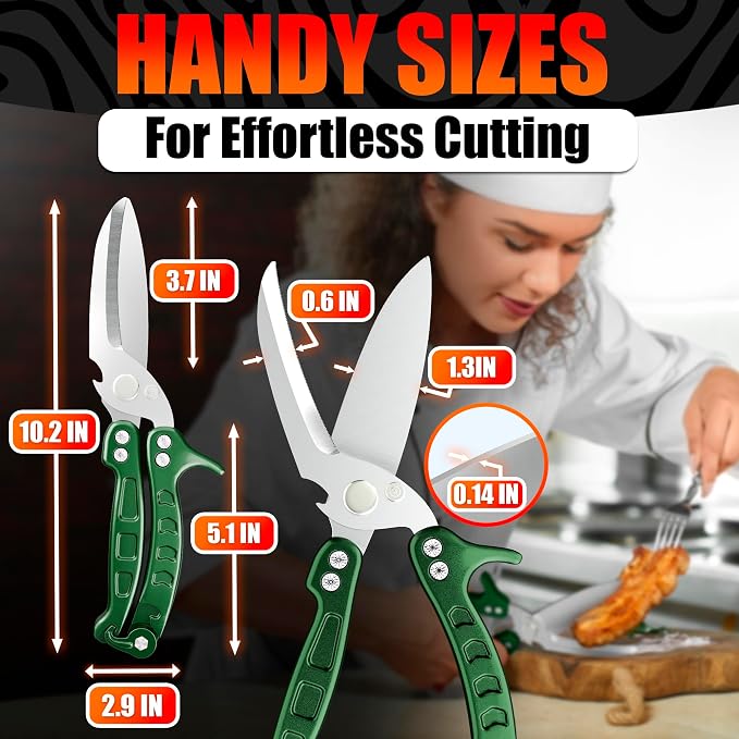 Kitchen Shears Heavy Duty, Safety Lock, Stainless Steel (Green) | Poultry Shears for Chicken, Turkey, Spatchcock, Fish; Bone Cutting Scissors, Micro-Serrated, Spring-Loaded, Separate to Clean