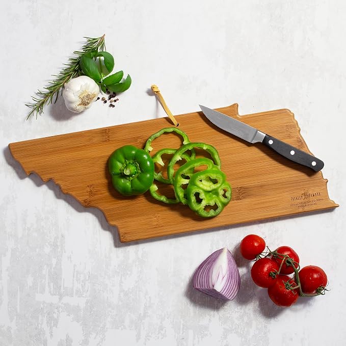 Totally Bamboo Tennessee State Shaped Cutting Board, Summer Stokes Art | State charcuterie board with colorful hand-drawn landscape art. Smooth reverse side for food prep. Hang tie for wall display.