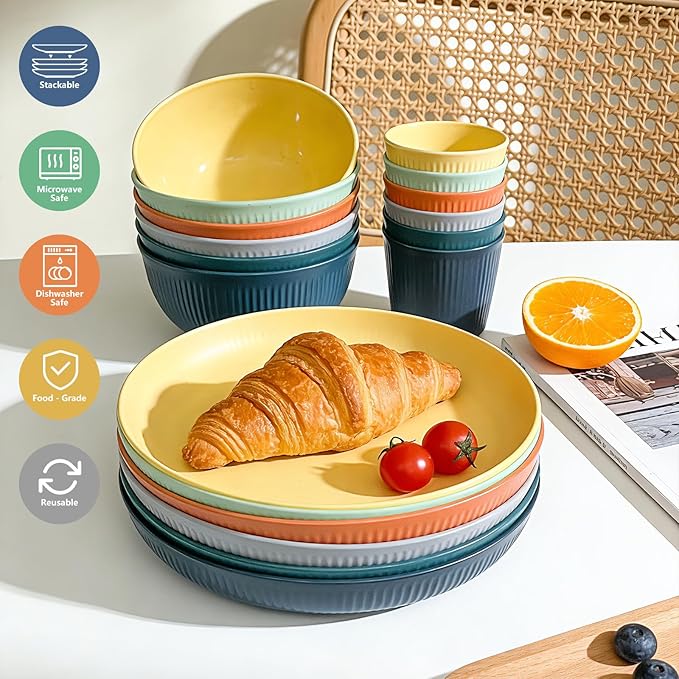 SHECIPIN 42Pcs Wheat Straw Dinnerware Sets, Unbreakable Plates and Bowls Sets, Eco Friendly Non Breakable Dinnerware, Dishwasher Microwave Safe Dinnerware