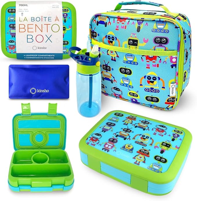 kinsho Bento Lunch Box and Insulated Bag, Water Bottle & Ice Pack Set for Kids Toddlers, 4 Portion Sections, Removable Tray, Pre - School Kid Toddler Daycare, Snack Container, Robot