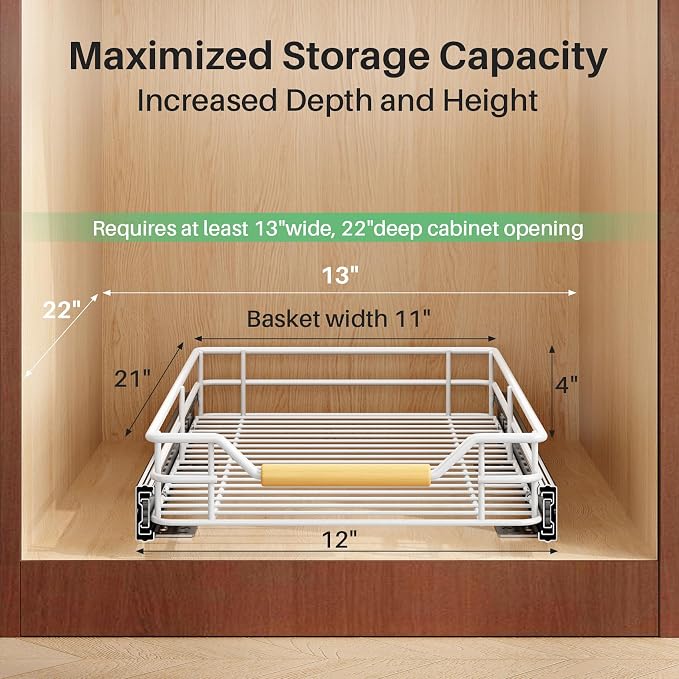 Pull out Cabinet Organizer, 12"W X 21"D, Heavy Duty Smooth Sliding Under Cabinet Shelves for Pots and Pans, Full-Extension Roll out Drawers, Slide out Organization for Home Kitchen Pantry, White