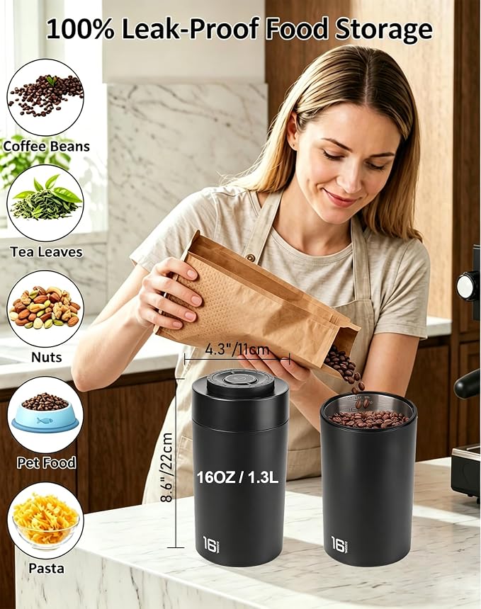 ROTTOGOON Auto Vacuum Coffee Canister, Rechargeable Airtight Coffee Container with 304 Stainless Steel Inner, Scoop, Sealed Coffee Bean Storage Container for Ground Coffee, Tea, Food, 16OZ/ 1.3L