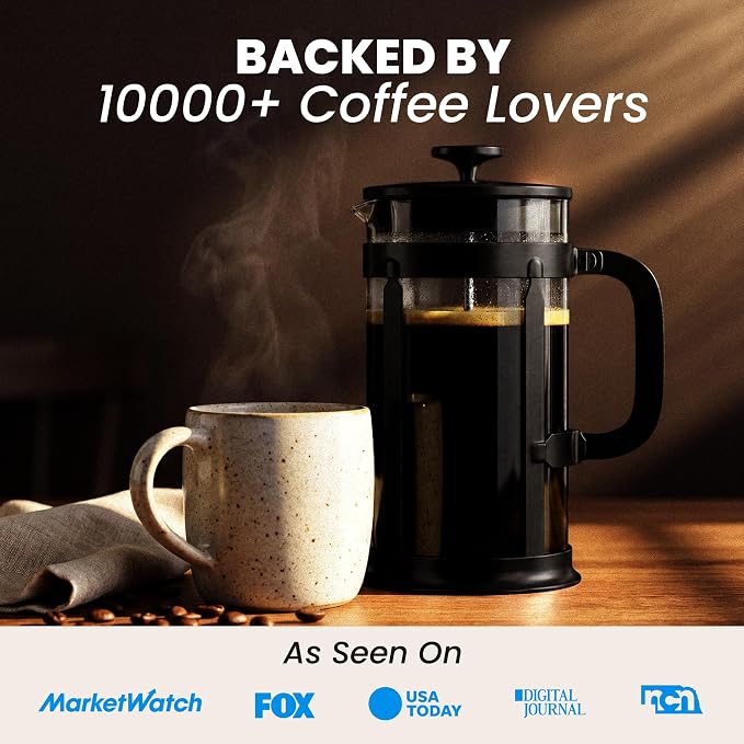 EzDtach French Press Coffee Maker 34oz Black – Borosilicate Glass Pot | 304 Grade Stainless Steel French Press, Double Filter and 2 Extra Screens for Rich, Full-Bodied Flavor at Home or Office