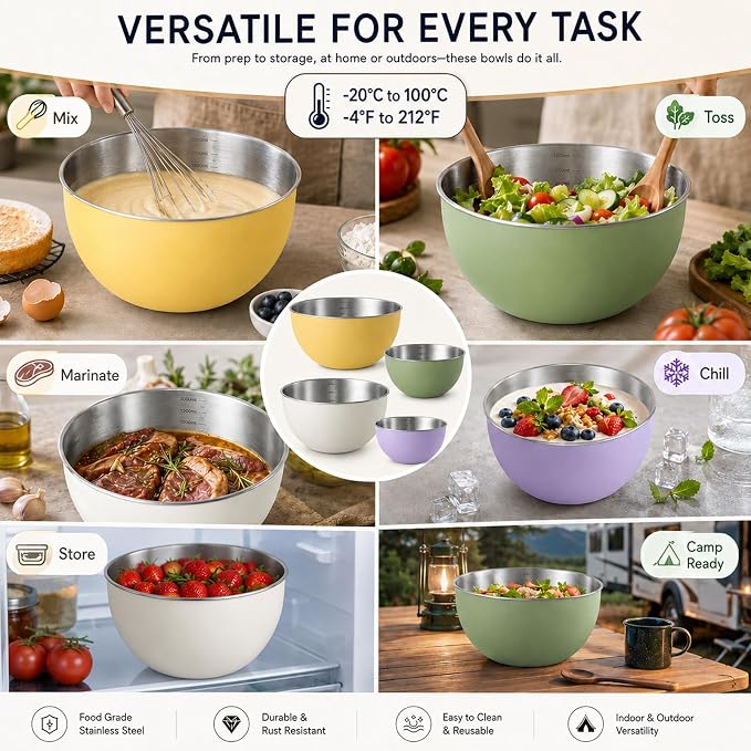 Stainless Steel Mixing Bowls Set of 4, Nesting Metal Bowl Set 0.6/1/2/3 Qt | Assorted Yellow White Purple Green for Food Prep, Baking, Cooking, Serving – Dishwasher Safe