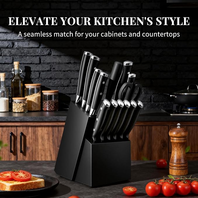 Knife Set, 15 Piece Premium Kitchen Knife Block Set, Razor-Sharp, High Carbon Stainless Steel Chef Knife, Ergonomic Forged Triple Rivet Handle, Black Sharp Knife Set for Kitchen, Dishwasher Safe