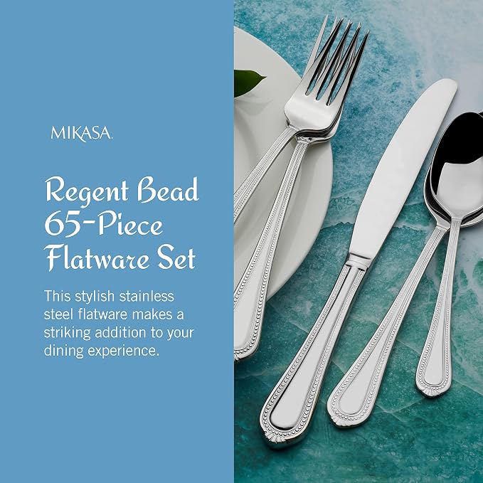 Mikasa Regent Bead 65-Piece Flatware Set for 12, 18/10 Stainless Steel Silverware with Beaded Teardrop Handles, Includes Serving Utensils, Dishwasher Safe (Pack of 2)