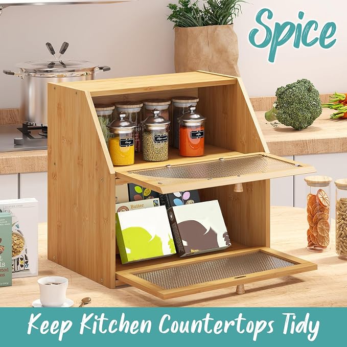 Extra Large Bread Box for Kitchen Counter, Bamboo Wood Double Layer Bread Box for Kitchen Counter, Wooden Capacity Bread Storage Bin