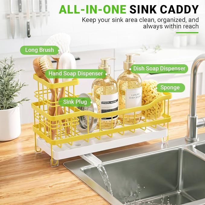 Sink Caddy, Sponge Holder for Kitchen Sink, Yellow | Self-draining Sink Organizer with Removable Brush Holder, Metal Sponge Rack for Countertop, Fits Soap Dispenser & Scrubber