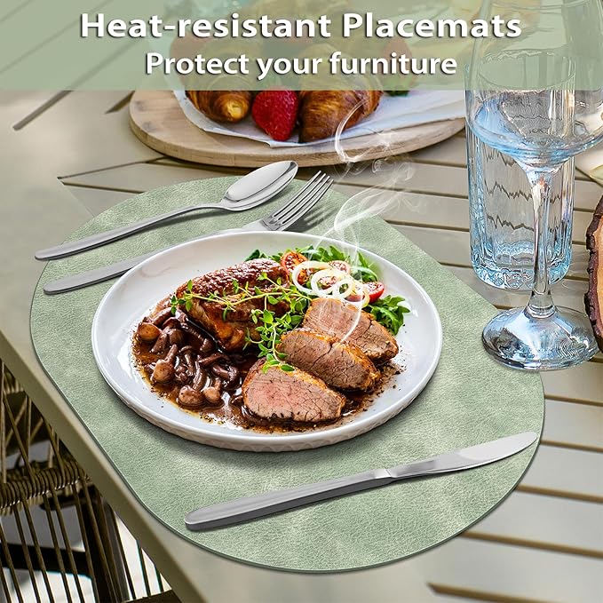 ADRIMER Placemats, Heat Resistant Oval Placemats Set of 8 Washable 12 x 17 Inch, Waterproof Table Mats, Wipeable Pu Place Mats for Kitchen, Dining Room, Green