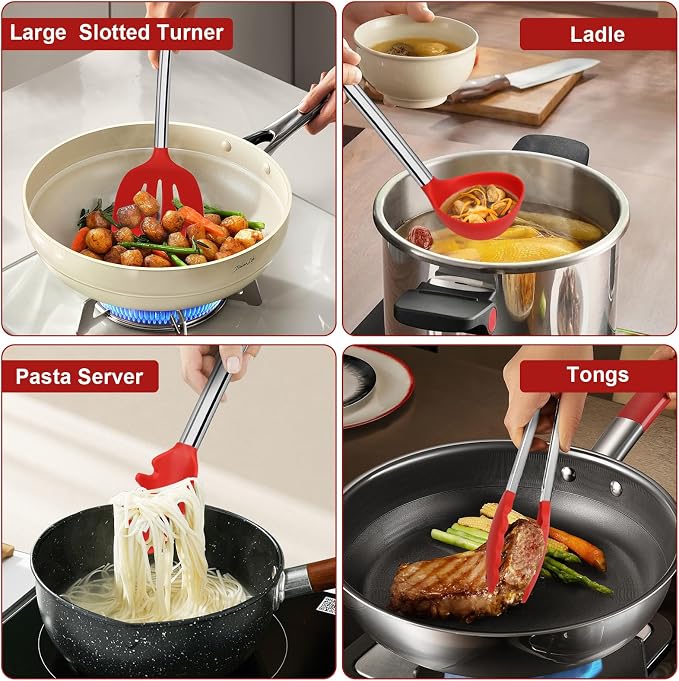 Vayvnt Silicone Utensils Set for Cooking, 8 Pieces for Non Stick Pan, Red | Dishwasher Safe Kitchen Cooking Utensils, Spoons and Tongs, Non-toxic, Plastic-free, Kitchen Essentials for Cooking & Baking
