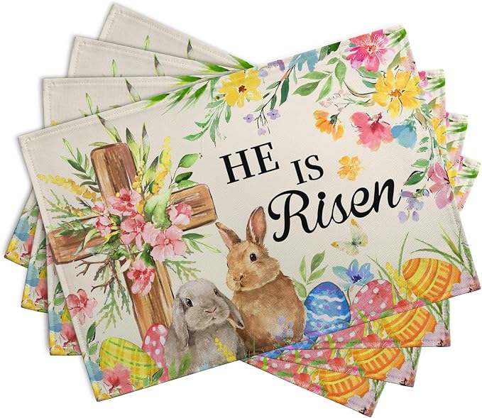 He is Risen Easter Placemats Set of 4 12x18 Inch Bunny Floral Cross Table Mats Spring Rabbit Flowers Eggs Place Mat for Dining Table Party Kitchen Decoration