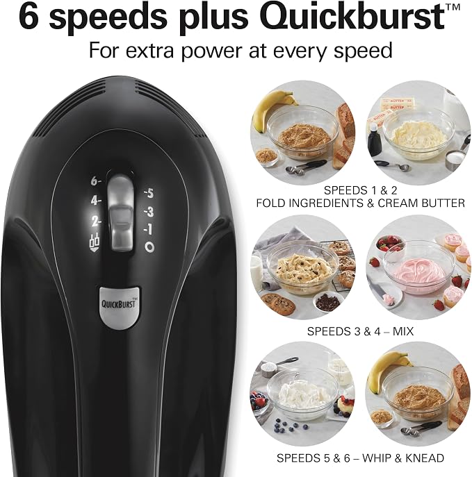 Hamilton Beach 6-Speed Electric Hand Mixer With Easy Clean Beaters | Traditional Beaters | Dough Hooks | Whisk | Snap-On Storage Case | 275 Watt Motor | Black | 62639J