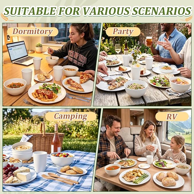 PYRMONT 40 PCS Wheat Straw Dinnerware Sets Unbreakable Dishes Set Service for 8 Dishwasher & Microwave Safe Plates and Bowls Sets for Kitchen,Camping,Picnic Non Toxic Dishes-White