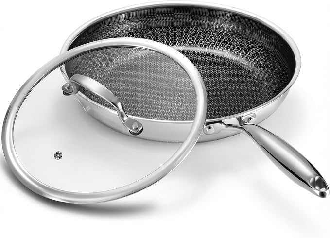 Stainless Steel Non Stick Frying Pan with Lid - PFOA Free | Induction Compatible | Oven & Dishwasher Safe | Stay Cool Handle | Versatile for All Stovetops | Gift
