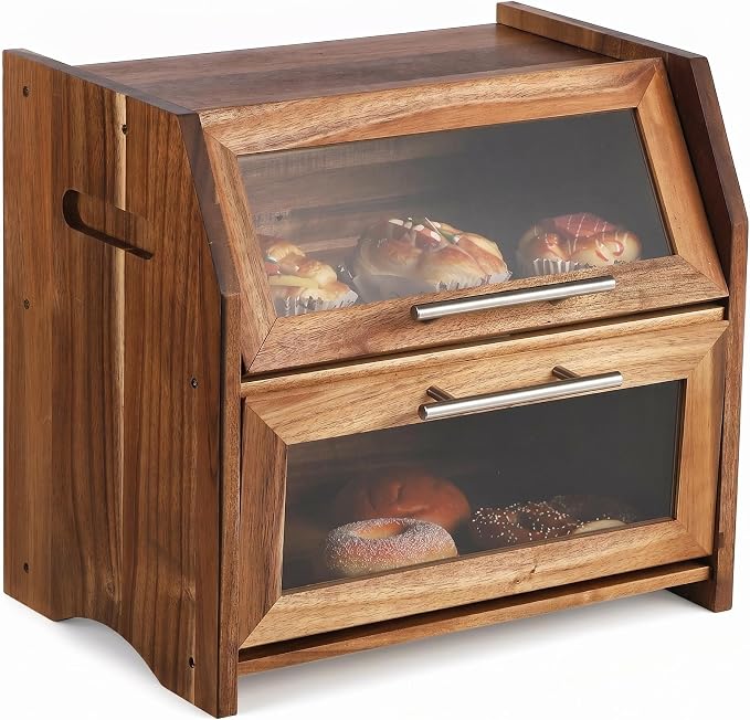 Garvee Acacia Wood Double Layer Bread Box, Clear Acrylic Door | Ventilation Design, Compact Countertop Organizer, Farmhouse/Country/Modern Kitchen Decor Styles