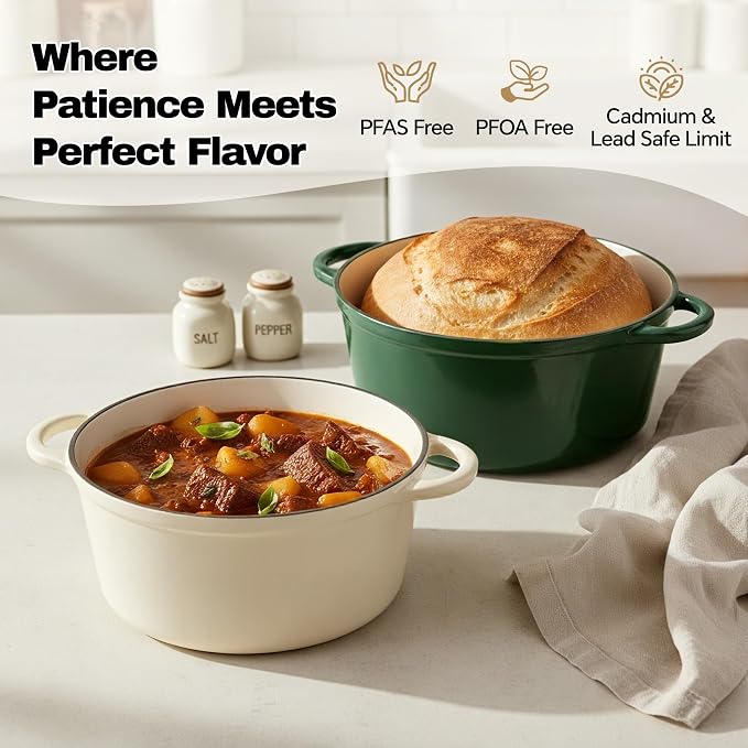 6.5 Quart Dutch Oven Pot with Lid, Non Stick Enameled Cast Iron Dutch Oven for Bread Baking, Heavy-Duty, Oven Safe Ceramic Cookware Up to 500°F for Baking, Braising, Stews, Roasting, Beige