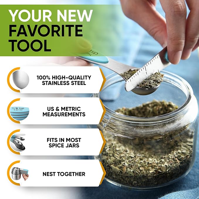 Spring Chef Magnetic Measuring Cups & Spoons Set of 16, Patented, Aqua Sky | Stackable Stainless Steel Measuring Cups & Heavy Duty Metal Measuring Spoons with Levelers for Dry & Liquid Ingredients