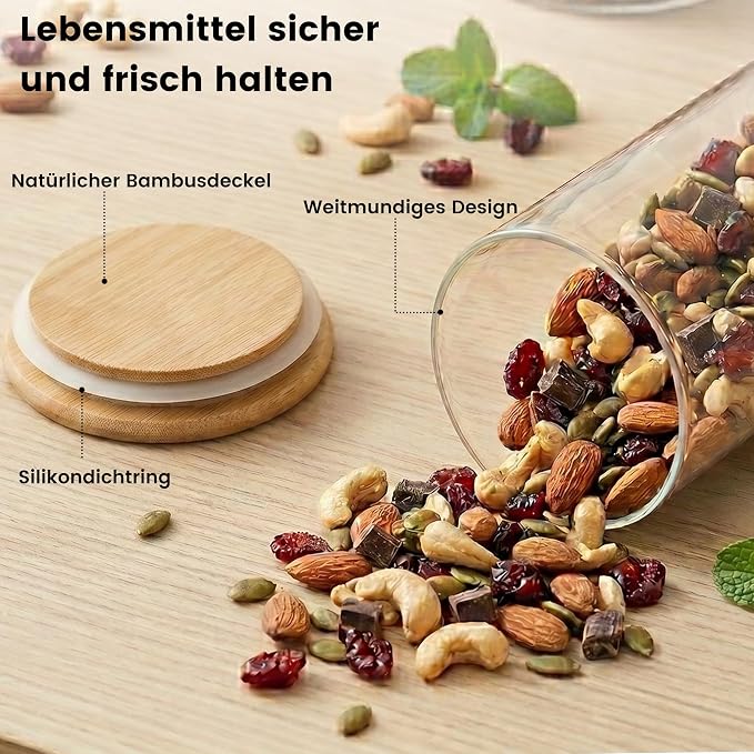 4-Pack Glass Storage Jars with Bamboo Lids, 1200ml Airtight Food Storage Containers, Clear Pantry Organizers and Storage Canisters Set for Cereal, Snack, Candy, Kitchen