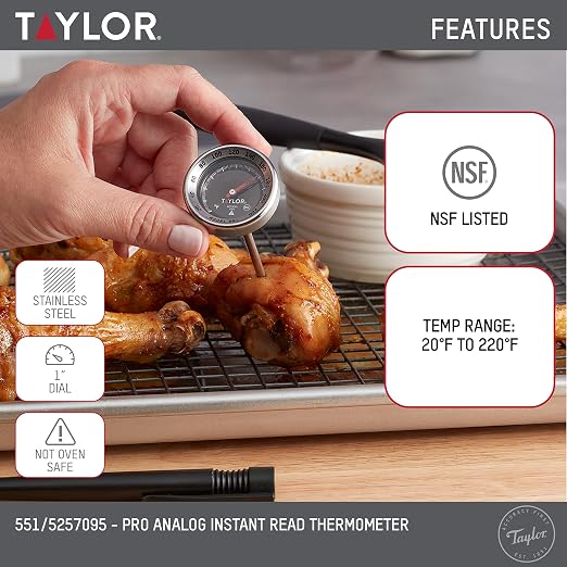 Taylor Pro Series Analog Instant Read Thermometer, Temperature Monitoring: 120F to 220F, Black
