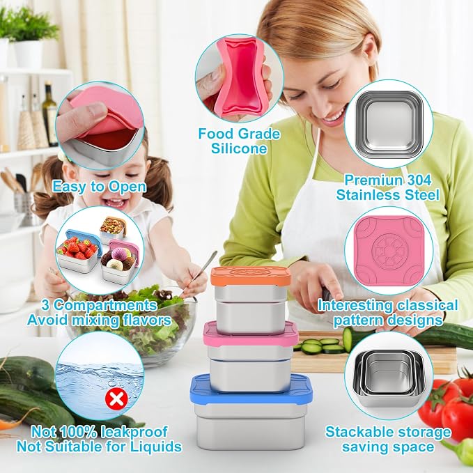 DaCool 3 Pack Kids Stainless Steel Snack Containers with Lids, Easy Open Leakproof Small Toddler Snack Containers with Silicone Lids, Stackable Metal Lunch Box for Daycare and School