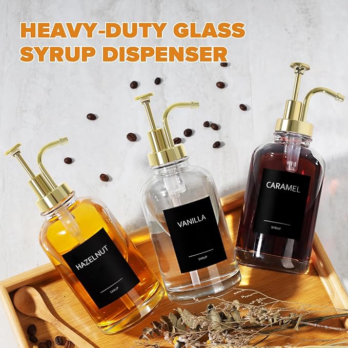 Coffee Syrup Dispenser,Syrup Dispenser for Coffee Bar，Syrup Bottles with Pump，16.9 Fl Oz Glass Honey Bottle for Coffee Bar，3 Pack，Gold
