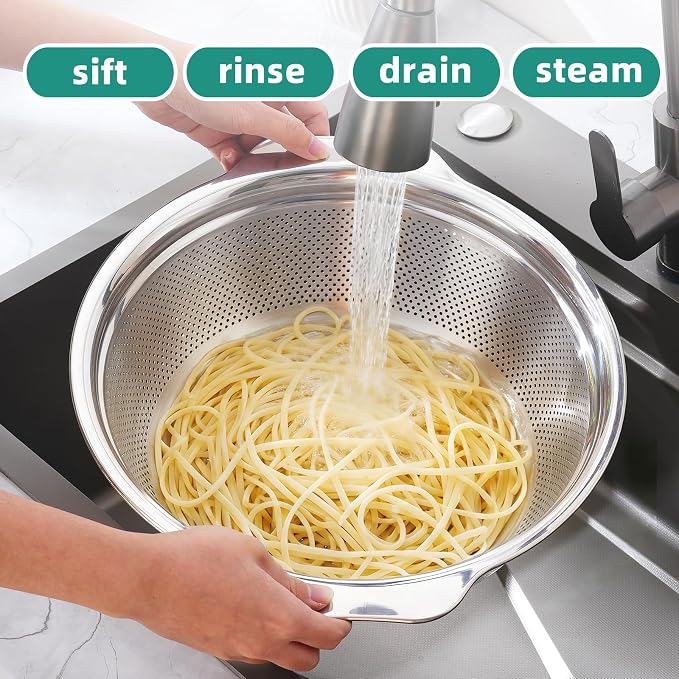 Colander for Kitchen Stainless Steel, 4QT Rice Strainer Bowl with Handle for Washing Pasta, Spaghetti, Vegetables, Fruit, Durable Use, Dishwasher Safe(2PC)