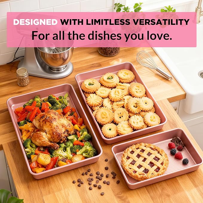 Saker 3-Piece Heavy Duty Carbon Steel Baking Sheets Set,Non-Stick Cookie | | Oven Safe, Even Heating, for Baking, Roasting, Cooking – Professional Grade (Pink)