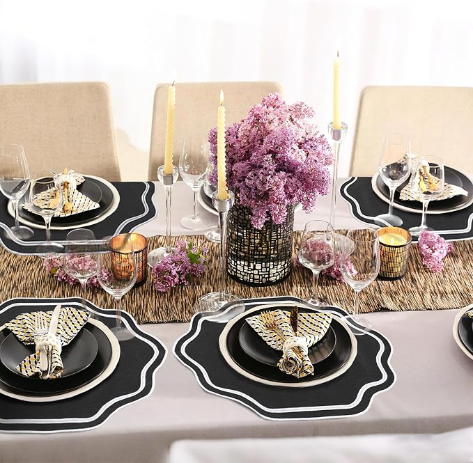 6 Pcs Black Wedding Placemats Scalloped Embroidered Cotton Linen Placemats 17" x 13" Double Layered Machine Washable Table Place Mat for Party Table Decor (White,Cotton)