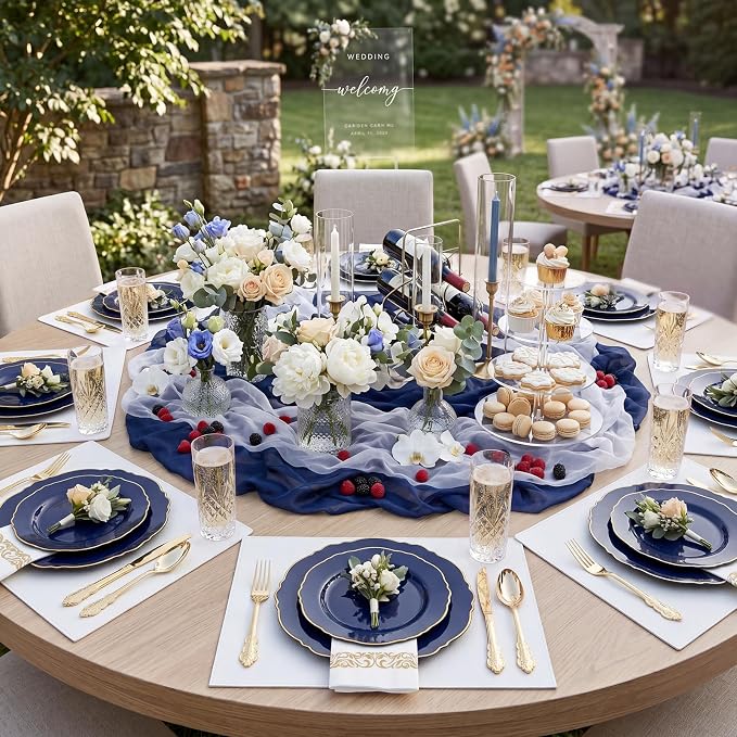 KIRE 210Pcs Navy Blue Plastic Plates - Blue and Gold Plates Disposable - 30guest Baroque Plastic Dinnerware for Upscale Wedding/Parties/4th of July