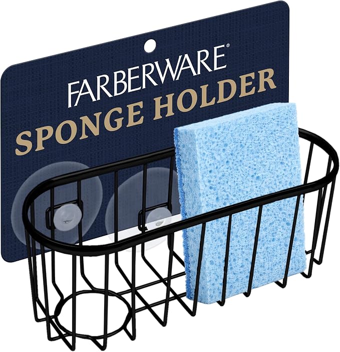Farberware Metal Sponge Holder for Kitchen Sink, 7.13"x2.88"x3" | Triple suction cups grip steel, glass, or tile, open frame helps dry sponges faster, holds soap and brushes too