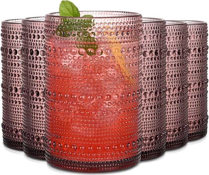 Purple Hobnail Drinking Glasses Set of 6,15 oz Vintage Highball Glasses,Drinkware Kitchen Glasses for Cocktail,Iced Coffee,Beer,Ice Tea,Wine,Whiskey,Water