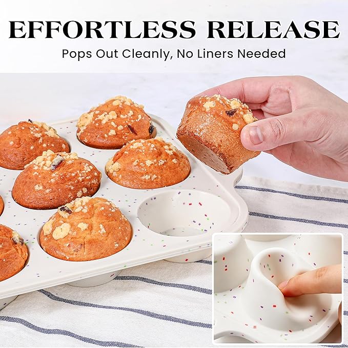 3 Pcs Silicone Baking Pan Set, Cream | Metal Reinforced Frame, Mini Loaf Pan, Standard Muffin Pan, Mini Muffin Pan